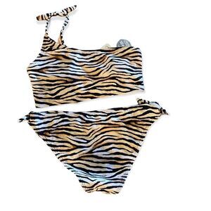 Cabana Del Sol S NWT Leopard Print Bikini One Shoulder Top Side Tie Bottoms